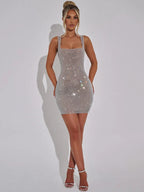 Rhinestone Crystal Mesh Square Neck Sleeveless Bodycon Mini Dress