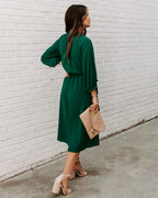 Gathered Mock Neck Lantern Sleeve Tie Waist A-Line Midi Dress
