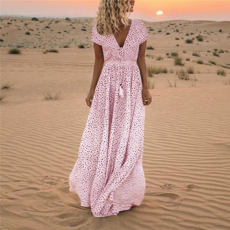 Polka Dot V-Neck Drawstring Tassel Empire Waist Tiered Maxi Dress
