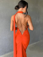 Halter Neck Open Back Draped Sash Ruched Ring Detail Maxi Dress