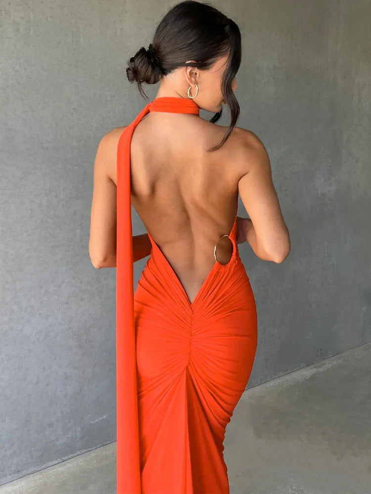 Halter Neck Open Back Draped Sash Ruched Ring Detail Maxi Dress