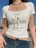Knitted Lac Patched Tie-Up Crop Top