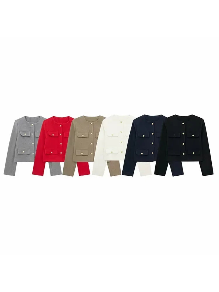 Elegant Solid Button Fake Pocket Jacket Women's Fashion O-neck Long Sleeve Single Breasted Cropped Coats New Lady Chic Outerwear