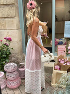 Elegant Print Lace Patchwork Spaghetti Strap Dress Women Halter Backless Sleeveless Dresses Summer Lady Sweet High Street Robe