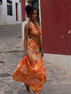 Vintage Print Cover Up Suspenders Sexy Three Piece Swim Sets