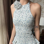 Ditsy Floral Print Halter Neck Smocked Bodice Tiered Ruffle Mini Dress