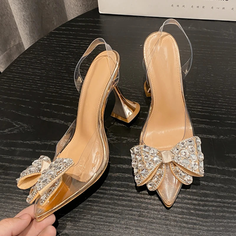 Spring Butterfly-knot Crystal Designer Pumps Women Transparent High Heels