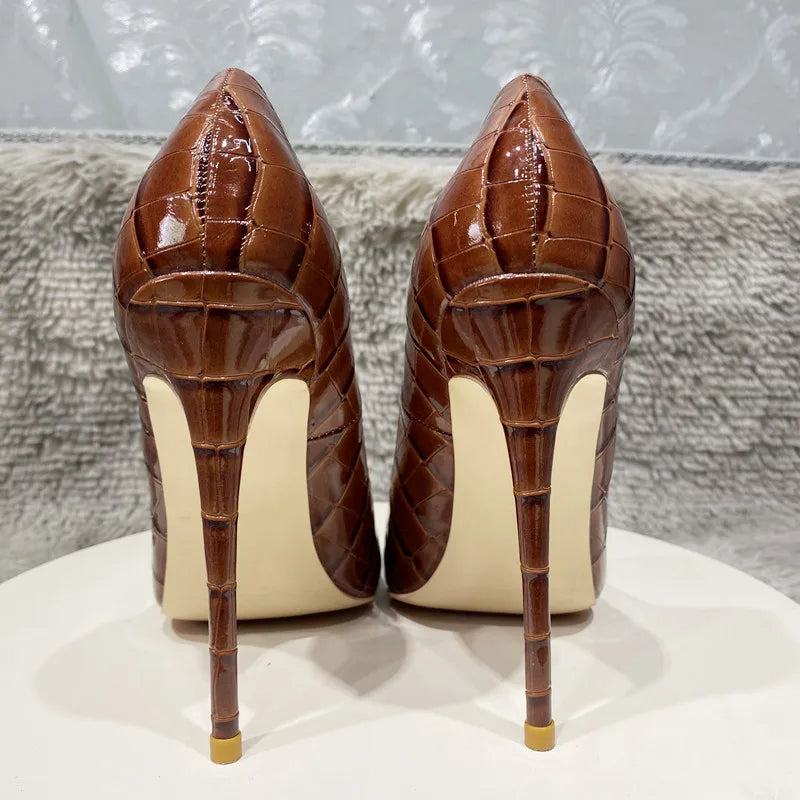 Coffee Brown Crocodile Women Sexy High Heels Party Shoes - 12cm