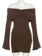 Vintage Pleated Slim Mini Dress Women Off-Shoulder Fashion Long Sleeve Patchwork Party Dress Female Solid Backless Drerss