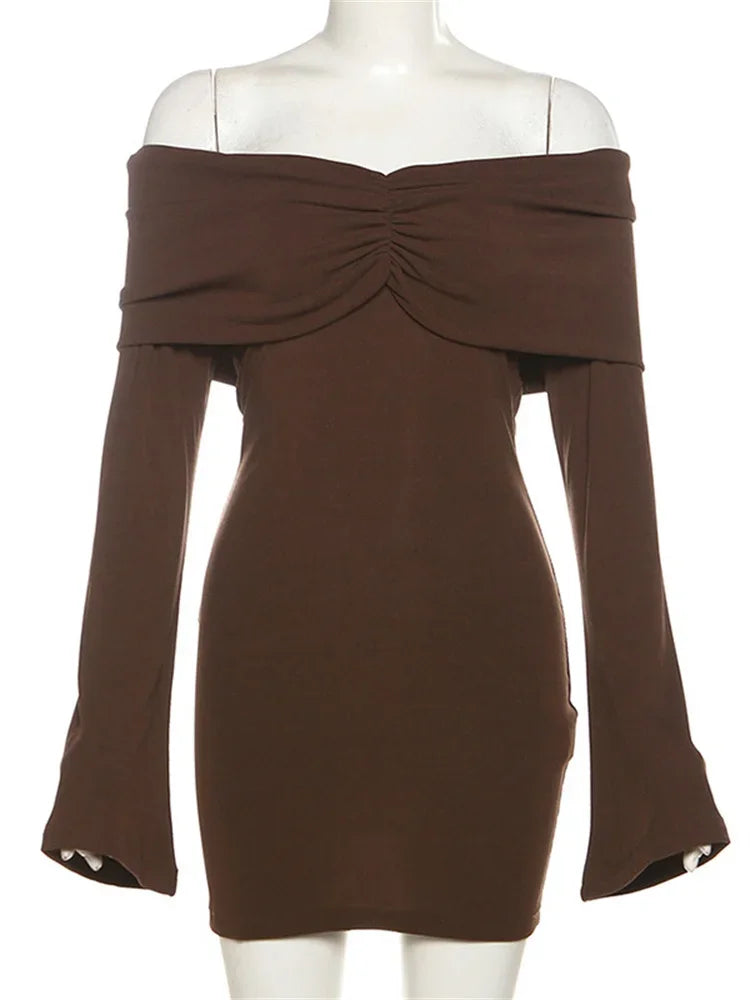 Vintage Pleated Slim Mini Dress Women Off-Shoulder Fashion Long Sleeve Patchwork Party Dress Female Solid Backless Drerss
