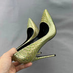 Green Gold Crocodile Effect Pointy Toe High Heel Shoes for Women