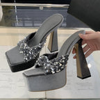 Sequin Cloth Pleated Platform Slide Shoes for Women