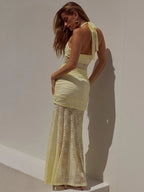 Floral Lace Halter Tie Neck Sweetheart Ruched Cascade Ruffle Front Slit Maxi Dress