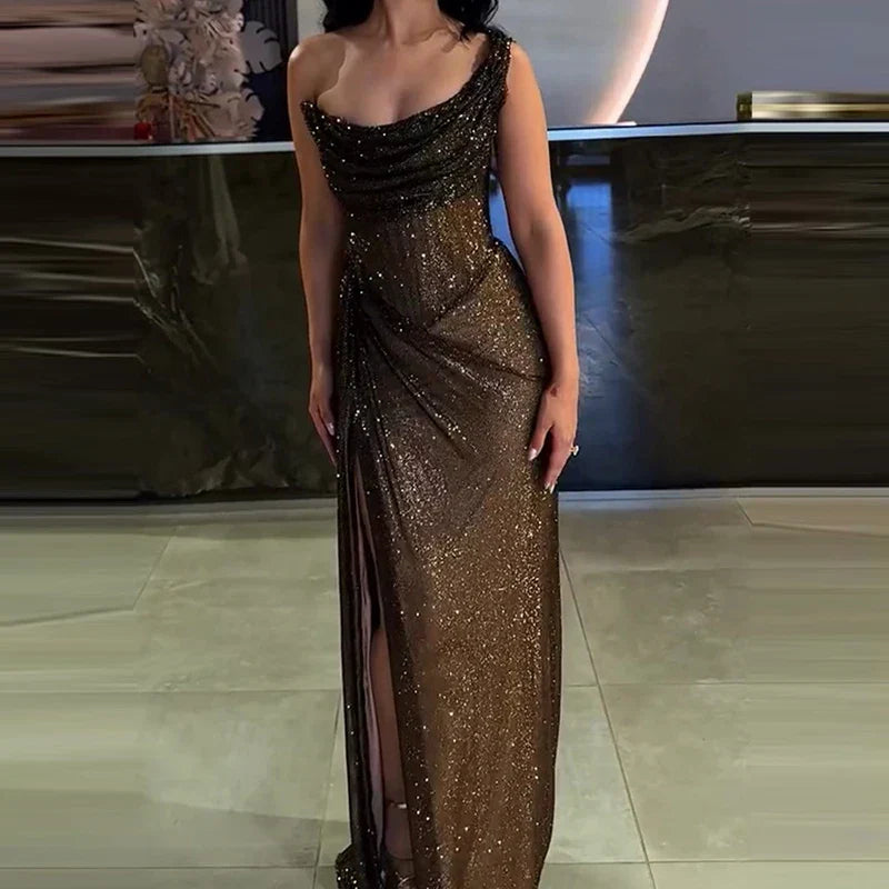 Shimmer Cowl Neck Ruched Hip Gather Spaghetti Strap Maxi Gown