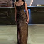 Shimmer Cowl Neck Ruched Hip Gather Spaghetti Strap Maxi Gown