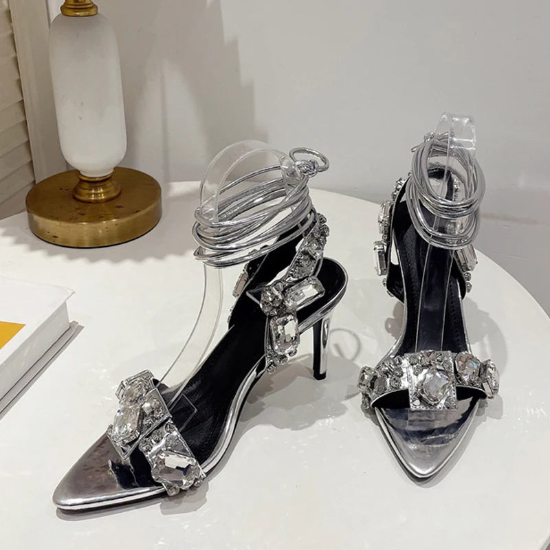 Crystal Diamond Pointed Toe Strappy Heels Women 8.5CM Sandals