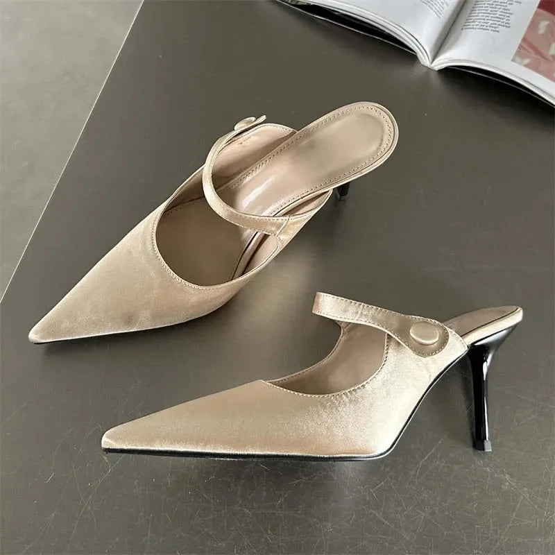 Satin Button Pointed Toe Pumps Slipper Women Fashion Thin High Heels