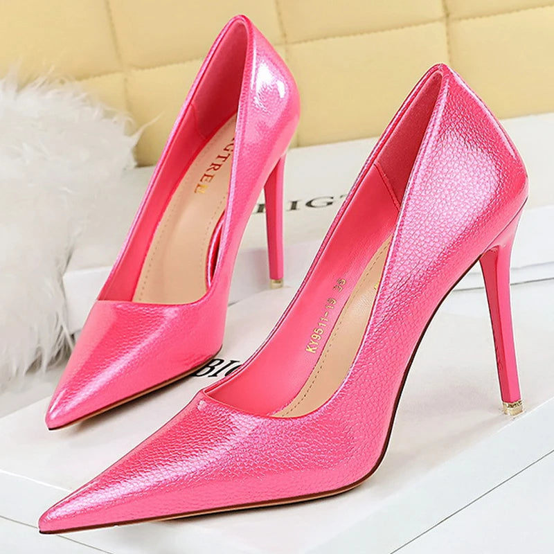 Crystal Patent Leather Women Pumps Pointed High Heels Stilettos Kitten Heels