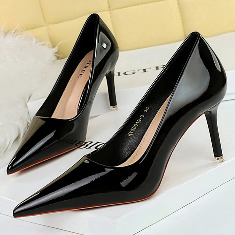 Crystal Patent Leather Women Pumps Pointed High Heels Stilettos Kitten Heels