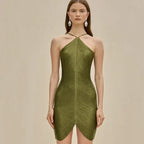 Halter Neck Sheer Mesh Yoke Fringe Trim Asymmetrical Hem Mini Dress