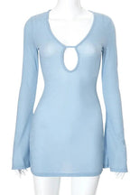 Sheer Hollow Long Sleeve V-Neck Mini Dress