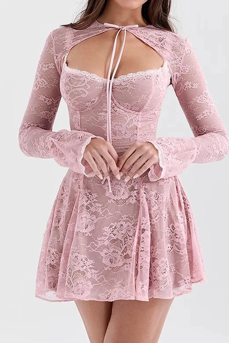 A-Line Mini Dress with O-Neck, High Waist, Long Sleeves, and Lace-Up Detail