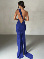 Halter Neck Open Back Draped Sash Ruched Ring Detail Maxi Dress