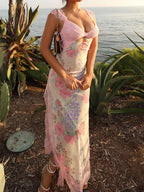 Floral Print Lace Bodice Lace Trim High Split Maxi Dress