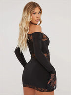 One Shoulder Asymmetric Lace Panel Long Sleeve Mini Dress