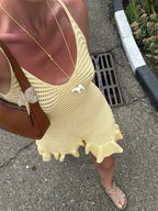 Crochet Pointelle Deep V-Neck Ruffle Hem Mini Dress