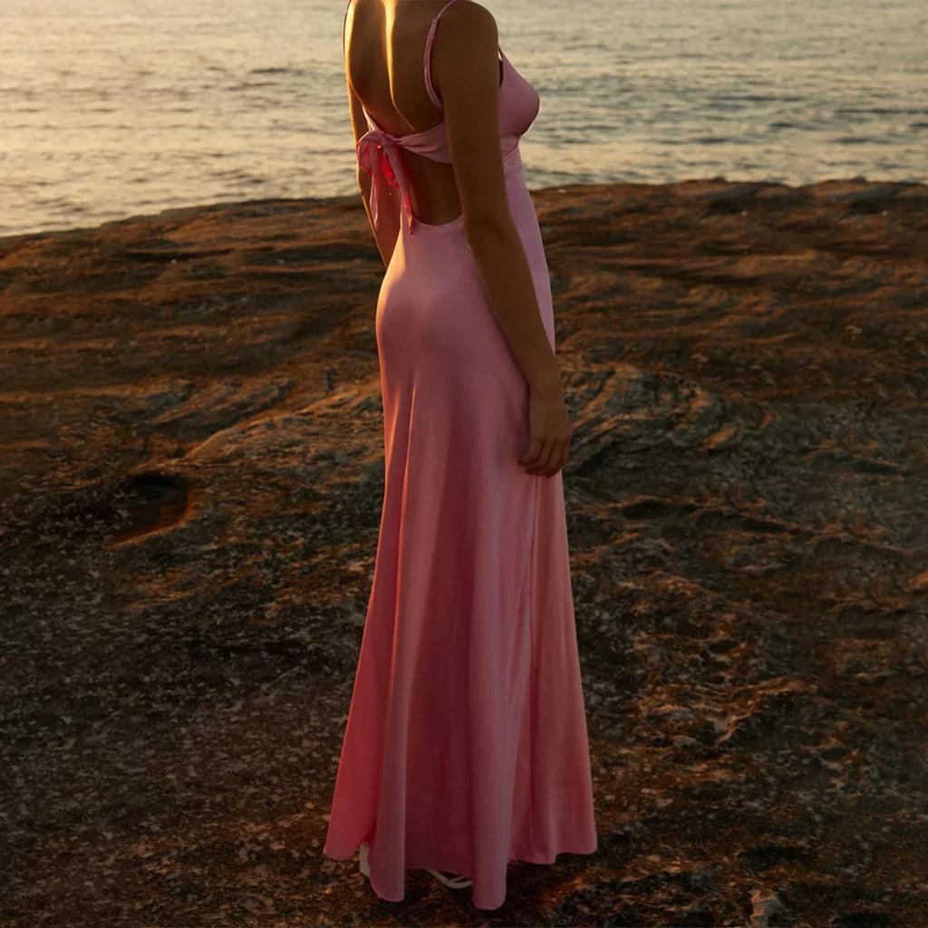 Satin Tie Front Keyhole Spaghetti Strap Maxi Dress