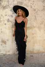 Deep V-Neck Spaghetti Strap Diagonal Tiered Ruffle Maxi Dress