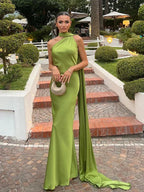 Satin Halter Neck Draped Sash Panel Column Maxi Dress
