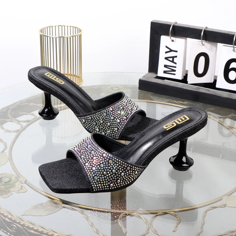 Summer Blue Denim Rhinestone Women's Slippers with 7CM Heel