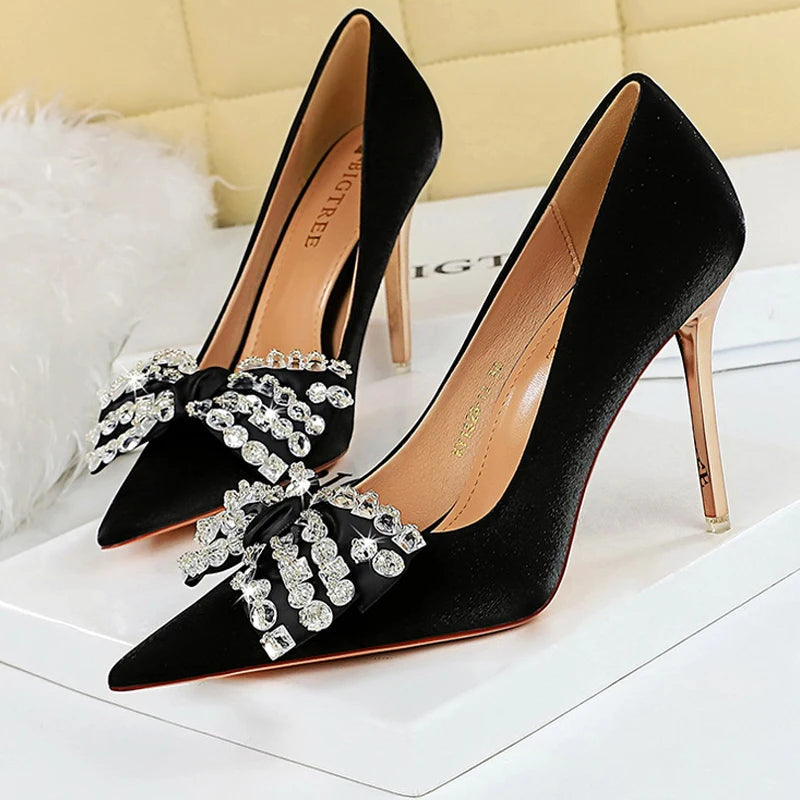 Rhinestone Satin Pointed High-Heel Pumps for Women