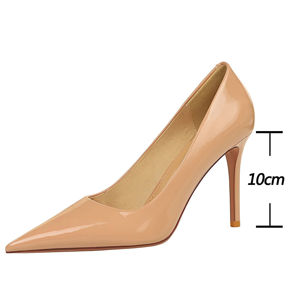 Patent Leather Woman Pumps with Pointed Toe High Heels for Office Wear