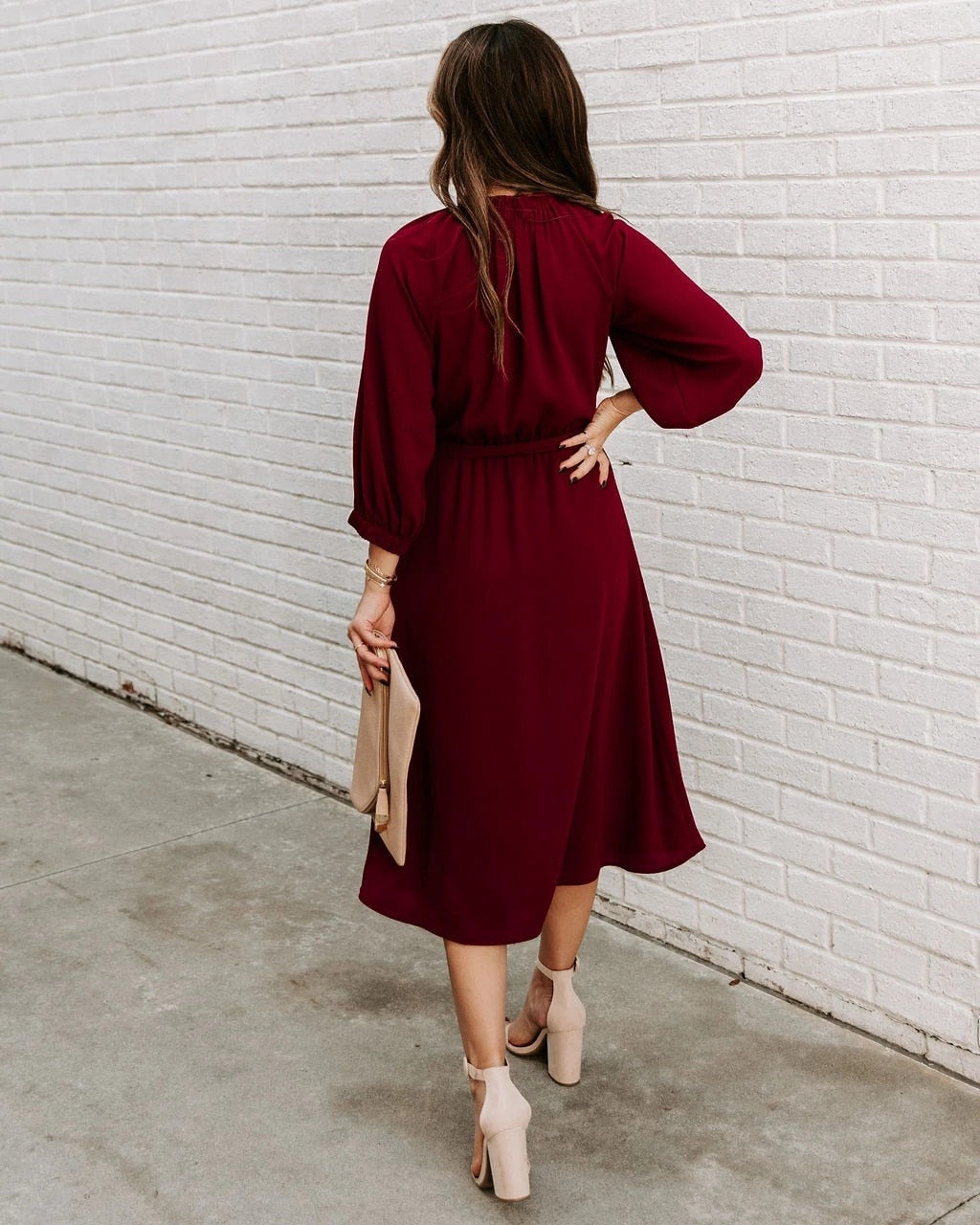 Gathered Mock Neck Lantern Sleeve Tie Waist A-Line Midi Dress