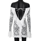 Long Sleeve Streetwear White Lace Dress For Women Slash Neck Outfits See Through Fashions Vestidos Elegantes Para Mujer Ruffles
