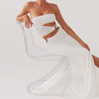 Strapless Ring Waist Cutout Ruched Hip High Slit Maxi Dress