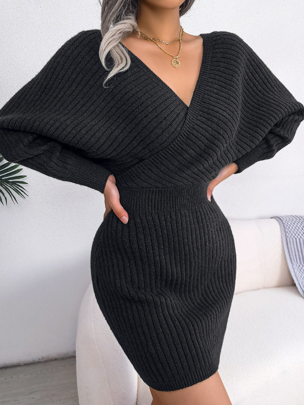Rib Knit Off-Shoulder Surplice Dolman Sleeve Bodycon Mini Dress