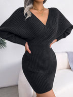Rib Knit Off-Shoulder Surplice Dolman Sleeve Bodycon Mini Dress