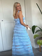 Pointelle Knit Spaghetti Strap Tiered Ruffle Trim Maxi Dress