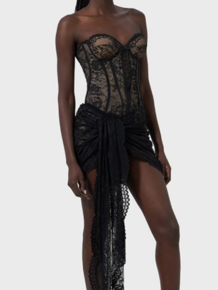 Strapless Lace Corset Sweetheart Scalloped Lace Mini Skirt Two Piece Set