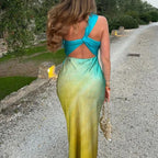 One Shoulder Ombre Gradient Satin Bodycon Maxi Dress