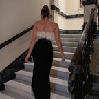 Strapless Faux Fur Trim High Slit Bodycon Maxi Dress