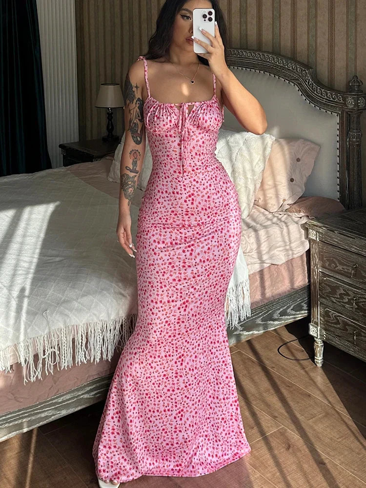 Floral Print Spaghetti Strap Sweetheart Lace Up Backless Maxi Dress