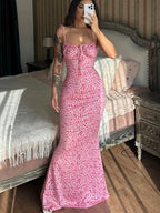 Floral Print Spaghetti Strap Sweetheart Lace Up Backless Maxi Dress