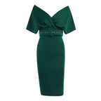 Off Shoulder Draped Cap Sleeve Wrap Belt Grommet Bodycon Midi Dress