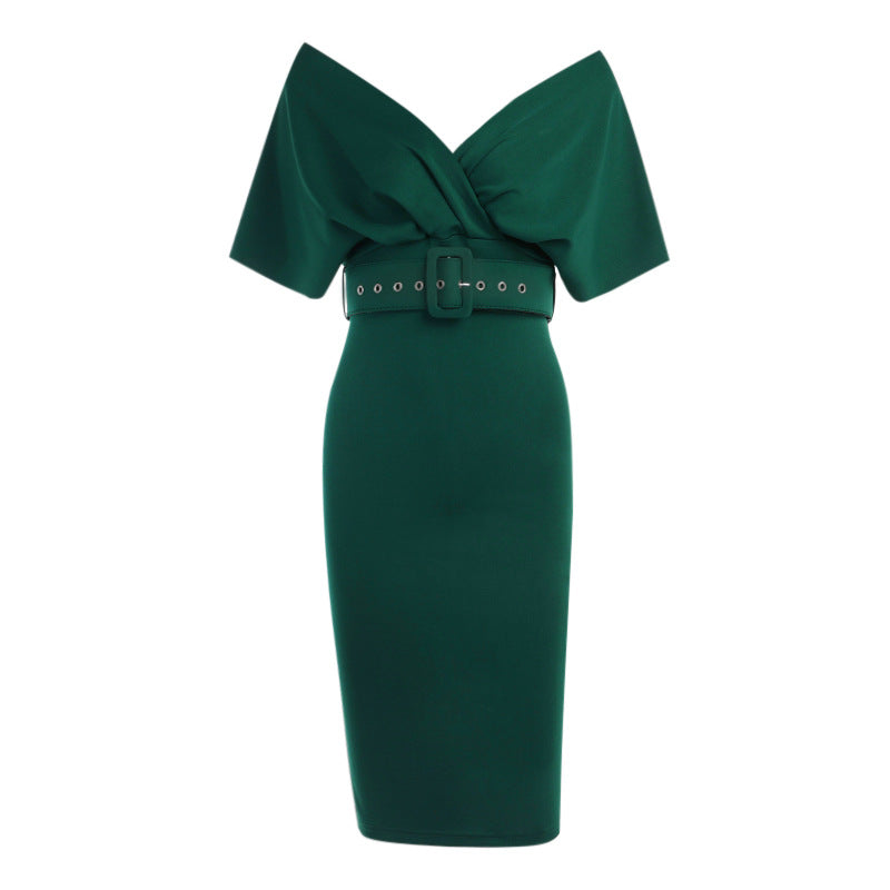Off Shoulder Draped Cap Sleeve Wrap Belt Grommet Bodycon Midi Dress