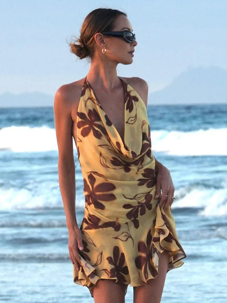 Tropical Floral Print Halter Deep V-Neck Ruffle Hem Mini Dress